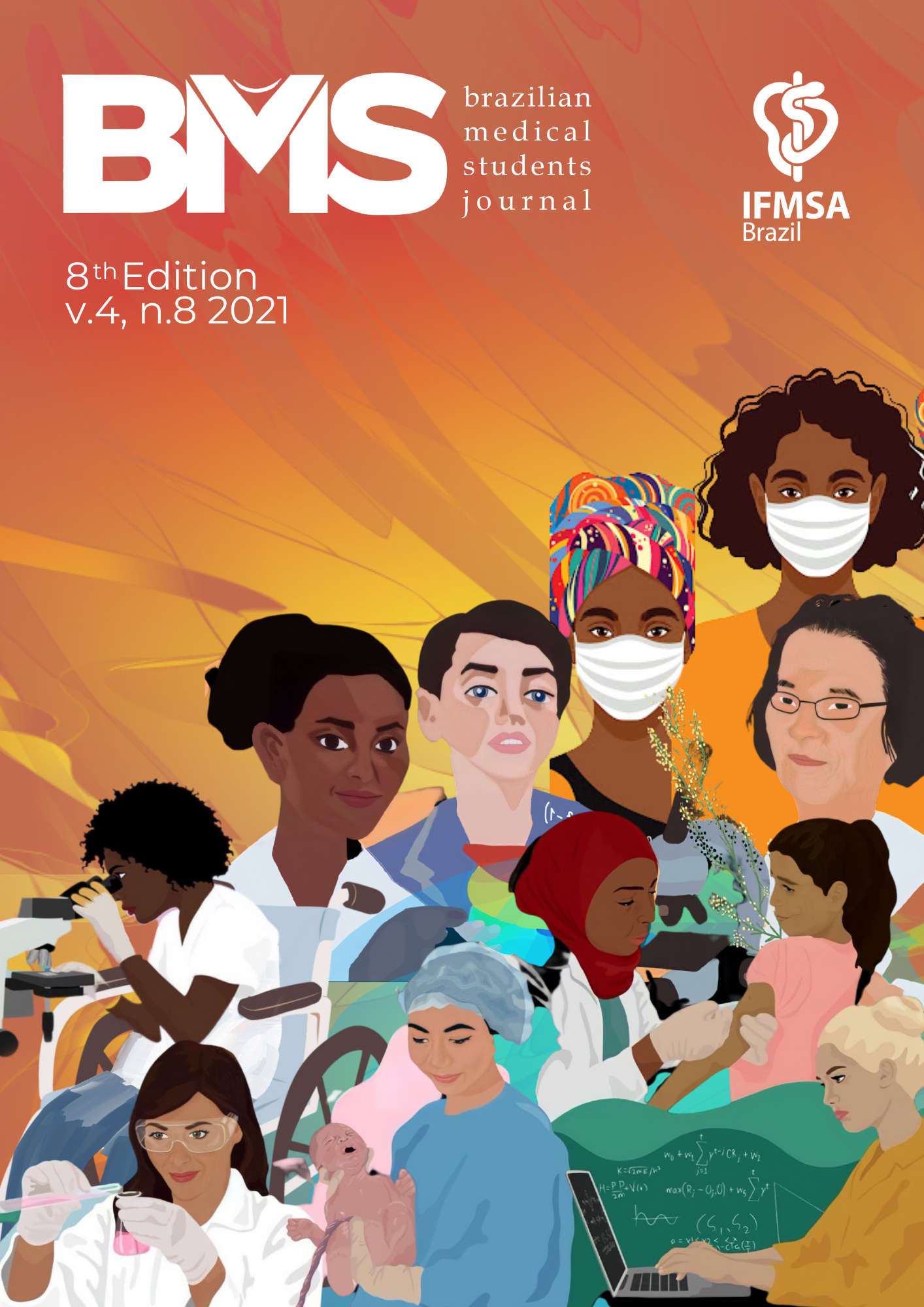 A foto mostra a capa da Brazilian Medical Students, volume 6, edição 9, com figuras de várias mulheres de culturas e profissões diferentes, como médicas, cientistas e professoras. Há um fundo laranja e a logo da IFMSA Brazil.